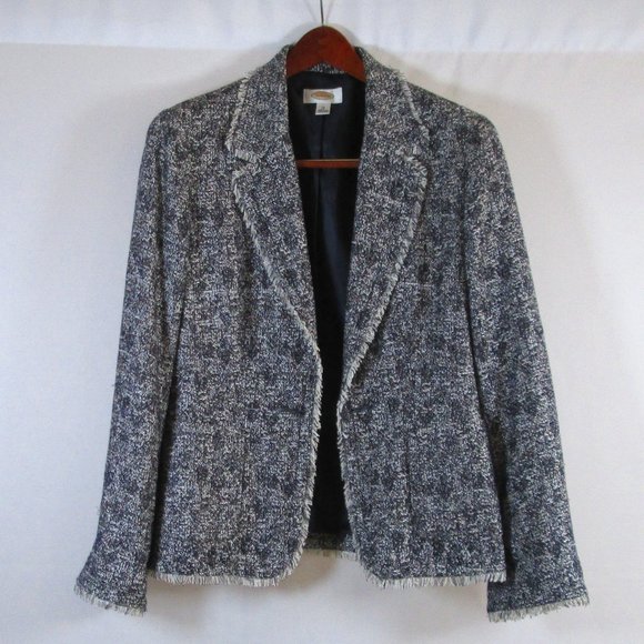 Talbots Womens Navy Blue and White Tweed Blazer with Fringe Size 12 Pre-… - Picture 1 of 6